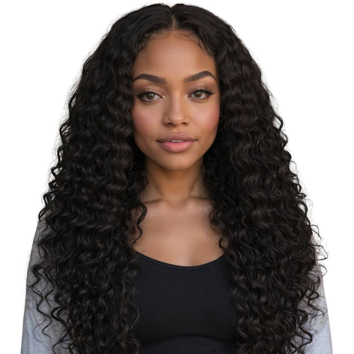 Woman with long, voluminous Brazilian kinky curly hair bundles styled naturally