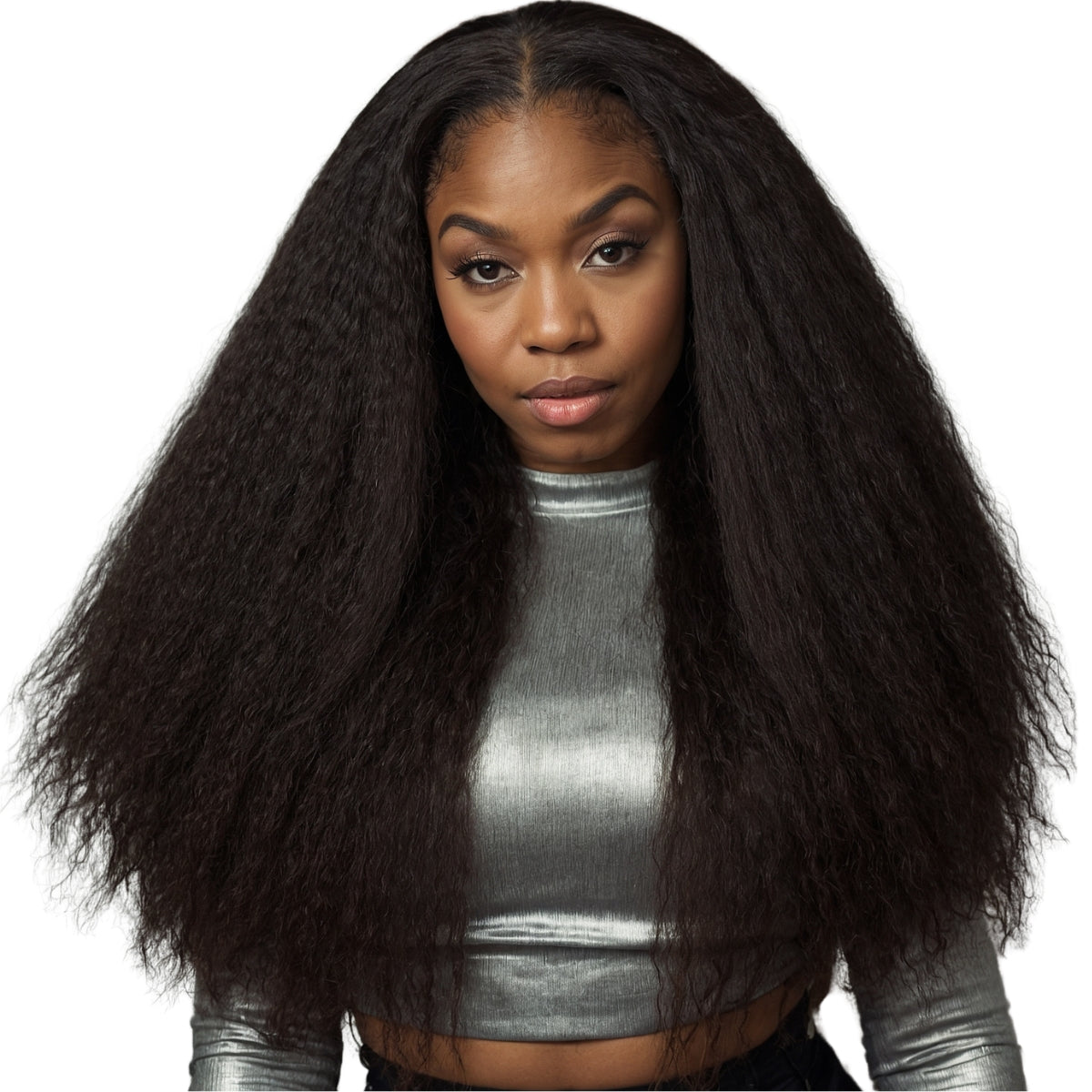 Woman wearing long natural black kinky straight hair bundles from NEW BEAUTY DEPOT