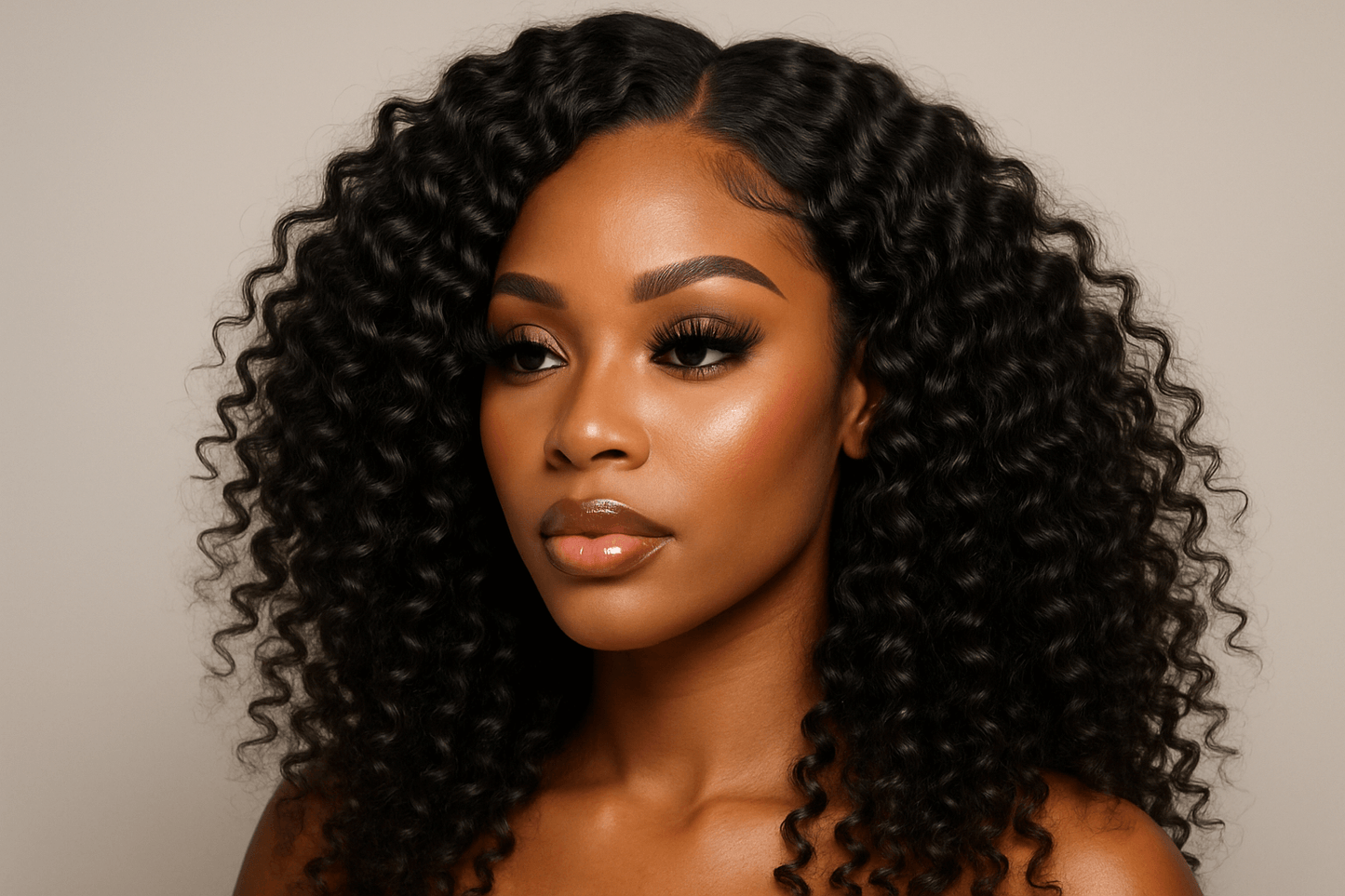 create a beautiful black woman 25-30 age. she is wearing makeup, lipstick, mink lashes and a Raw Vietnamese Ripple Curly Bulk Human Hair Extensions