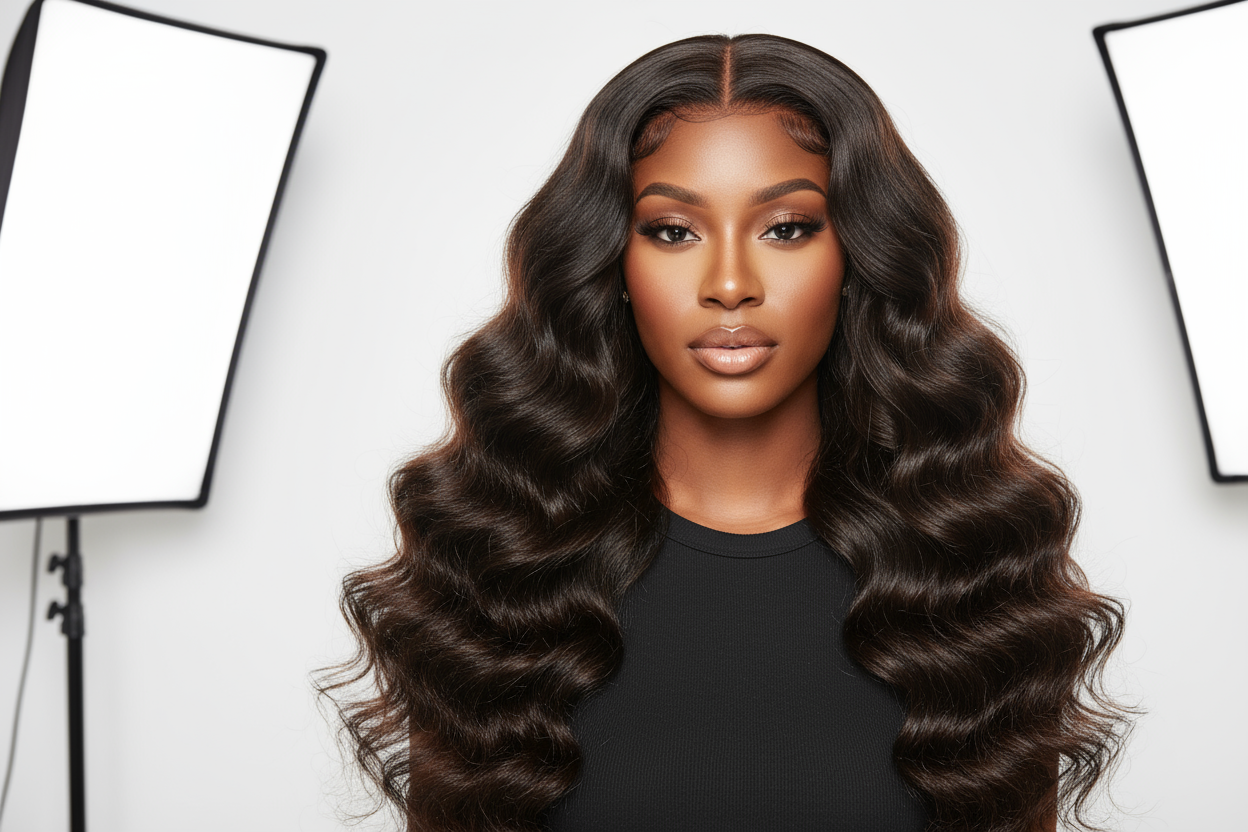 create a beautiful black woman wearing a Spanish Wave Hair Bundles with white back ground