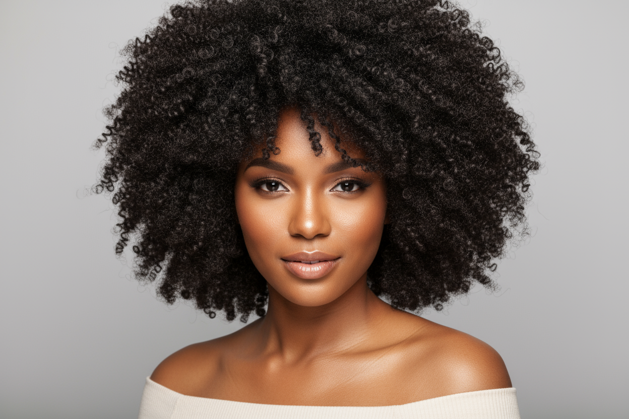 create a hd photo of African American woman 25 wearing a Brazilian Afro Kinky