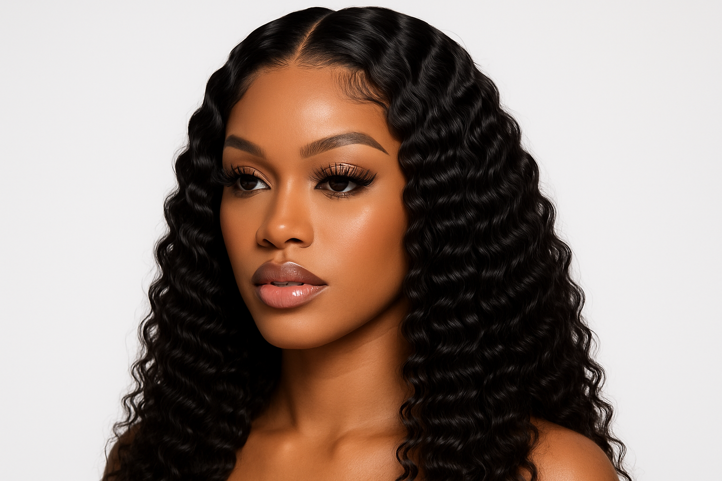 create a high definition photo of a beautiful light skin black woman wearing a Deep Wave 4x4 Transparent Closure Wig. she has on lipgloss, makeup, and mink lashes. make the background white