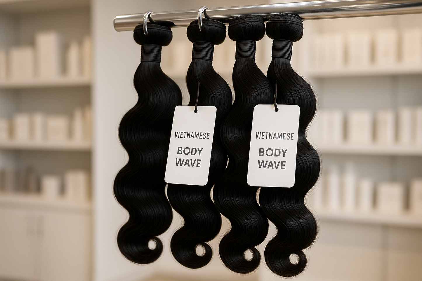 create a Vietnamese Body Wave Bundles bundles HD on a hook in a beauty store