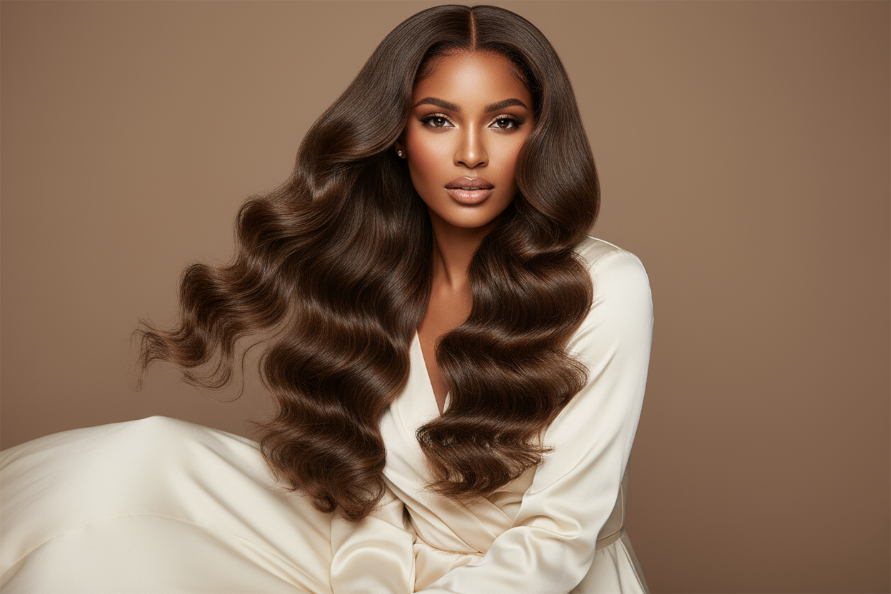 create hd photo of light black woman wearing Medium Brown Body Wave Bundle