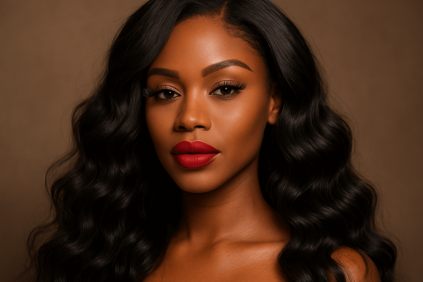 create photo of a beaitul black woman wearing a Raw Indian Wavy Bulk Human Hair Extensions, makeup, lipstick, and mink lashes