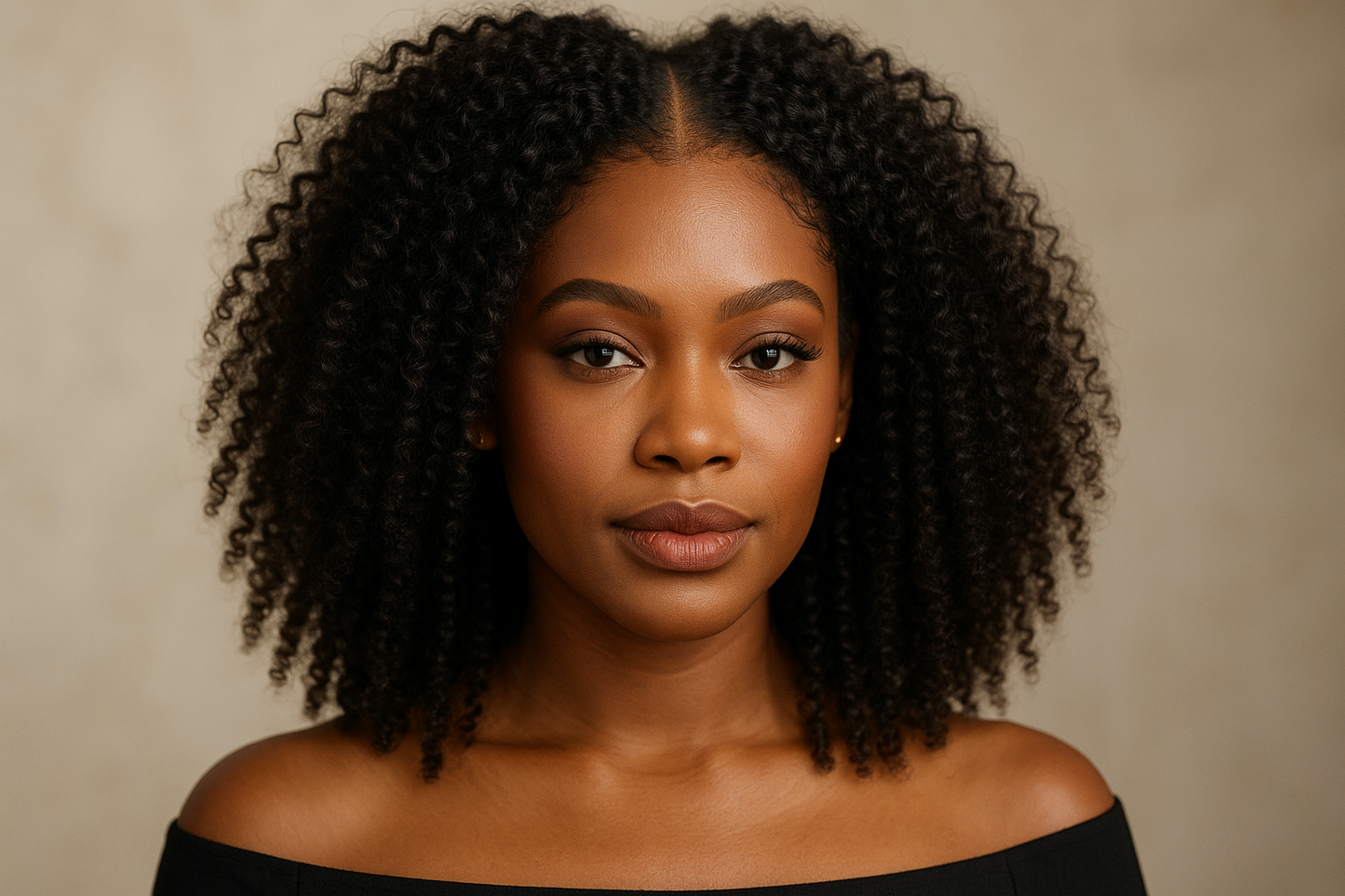 create photo of a beautiful black woman wearing a Brazilian Kinky Curly 4x4 Closure