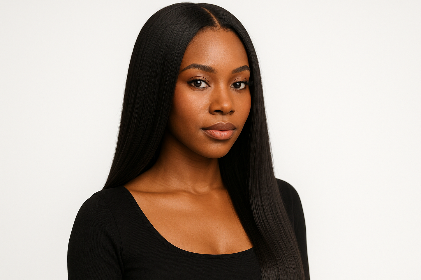 create photo of a beautiful black woman wearing a Brazilian Straight U-Part Wig on a white background