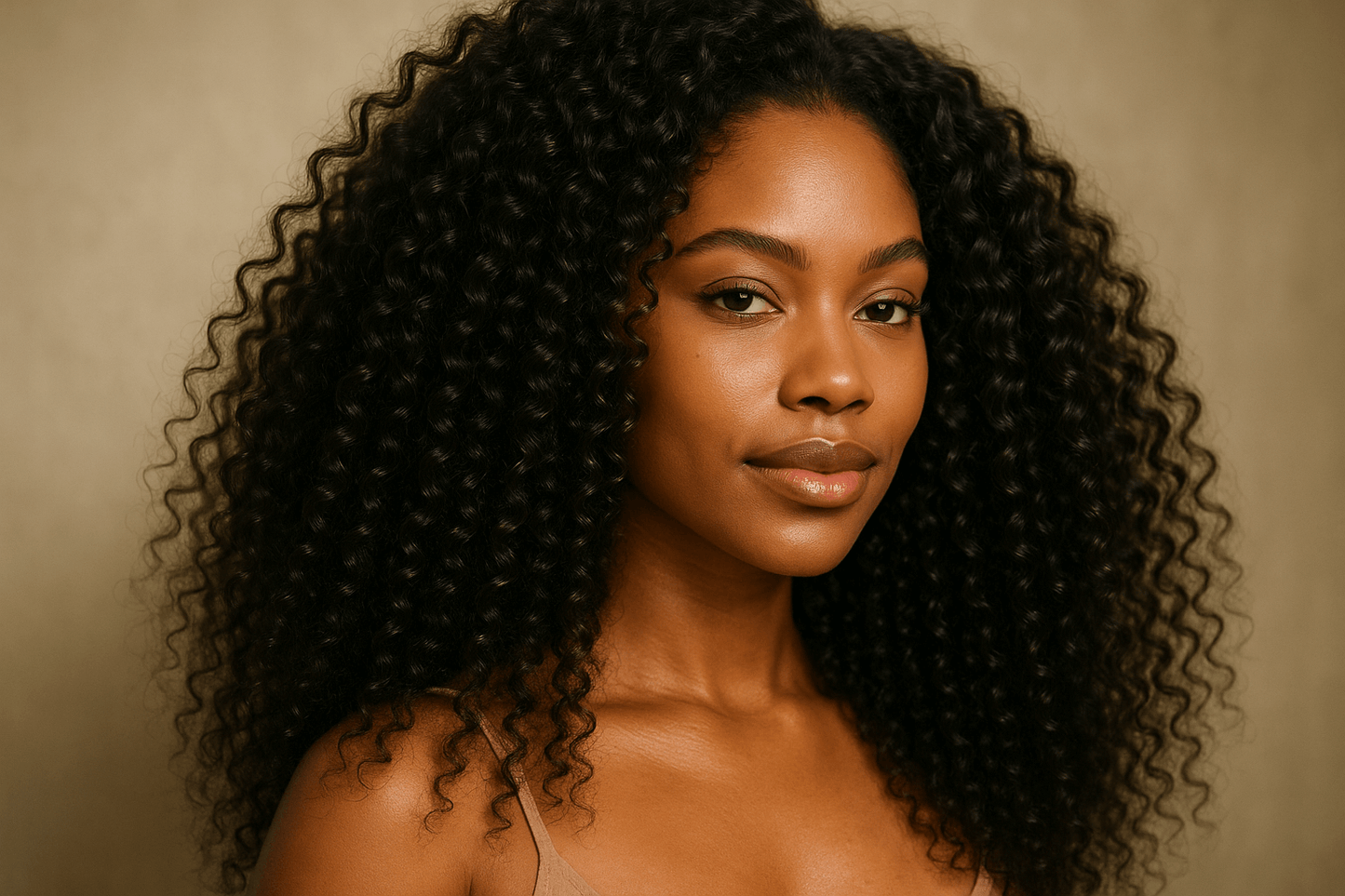 create photo of a beautiful black woman wearing a Raw Indian Curly Bulk Human Hair Extensions