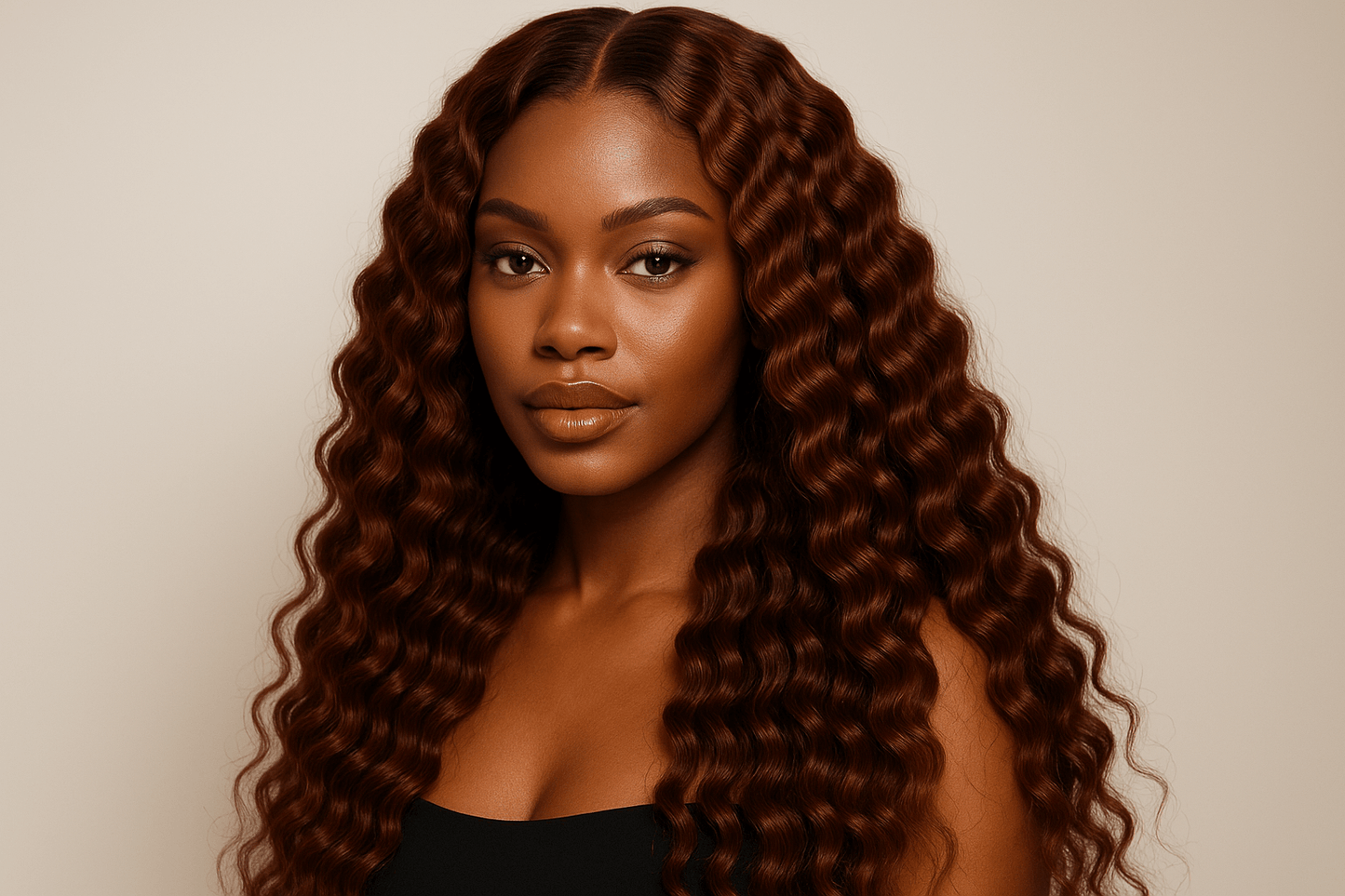 photo of a beautiful black woman wearing an Auburn Deep Wave Bulk Human Hair Extensions
