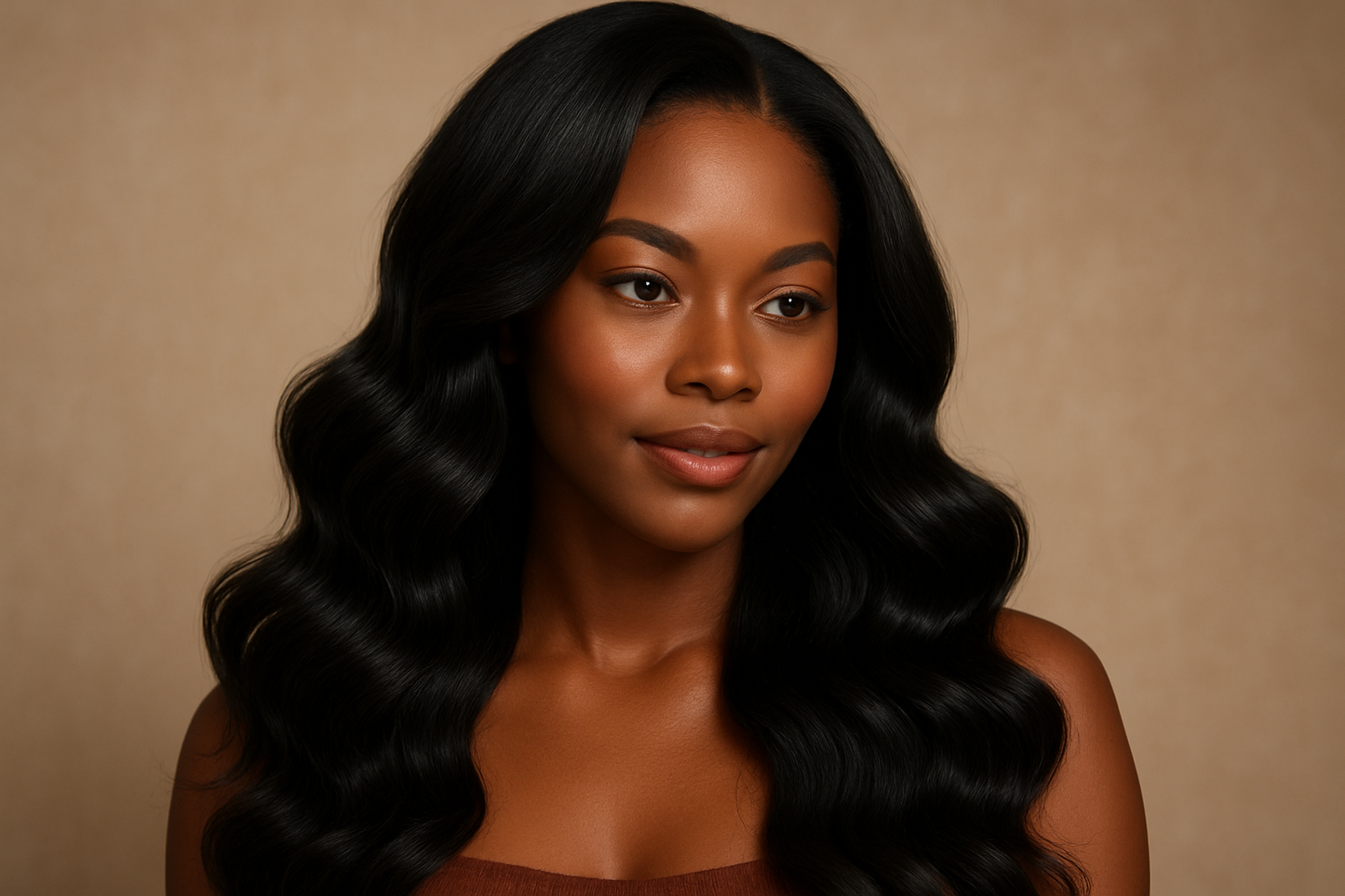 Woman with long, shiny black Vietnamese body wave hair bundles styled in smooth waves