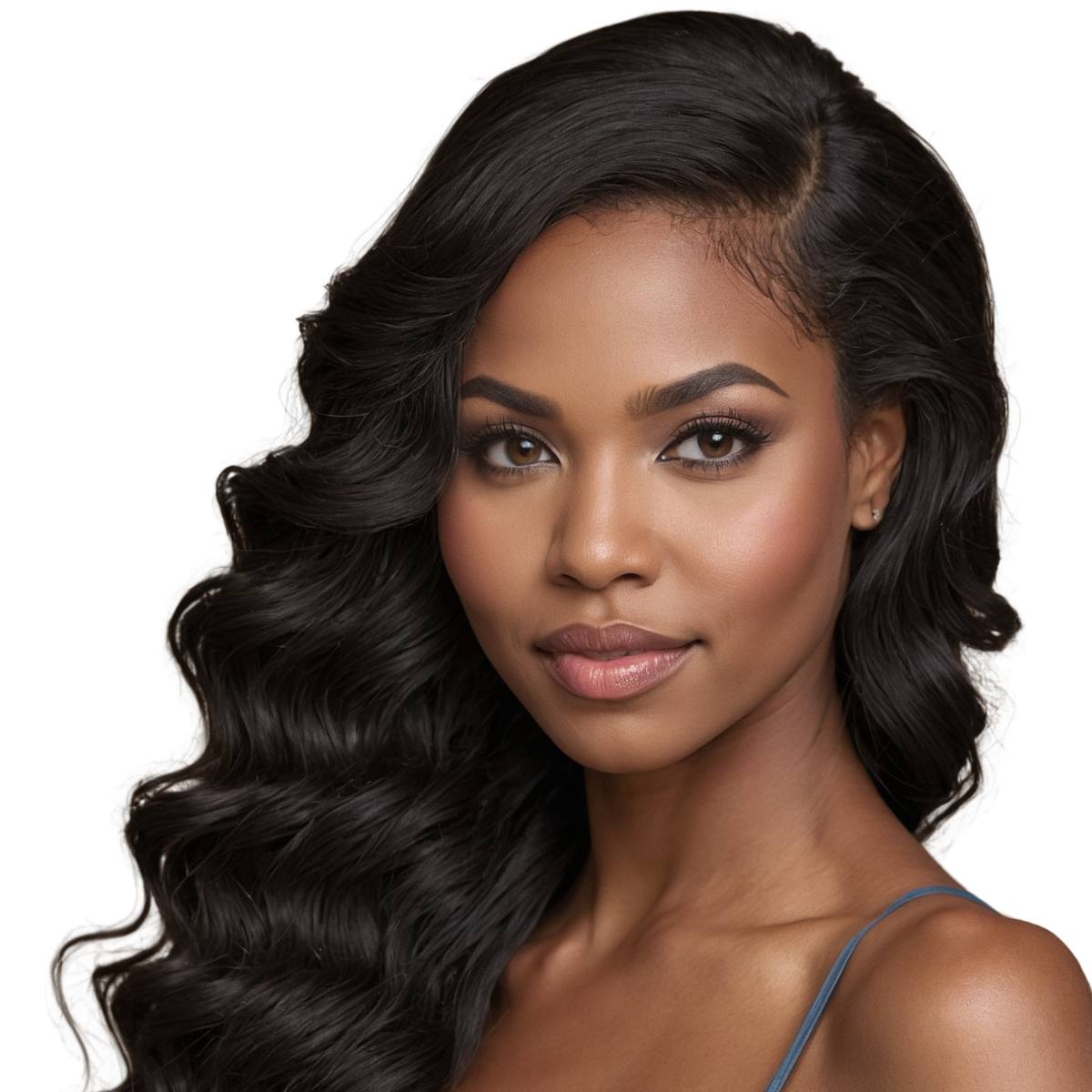 Beautiful woman with long, shiny black Brazilian deep wave hair bundles styled in soft waves