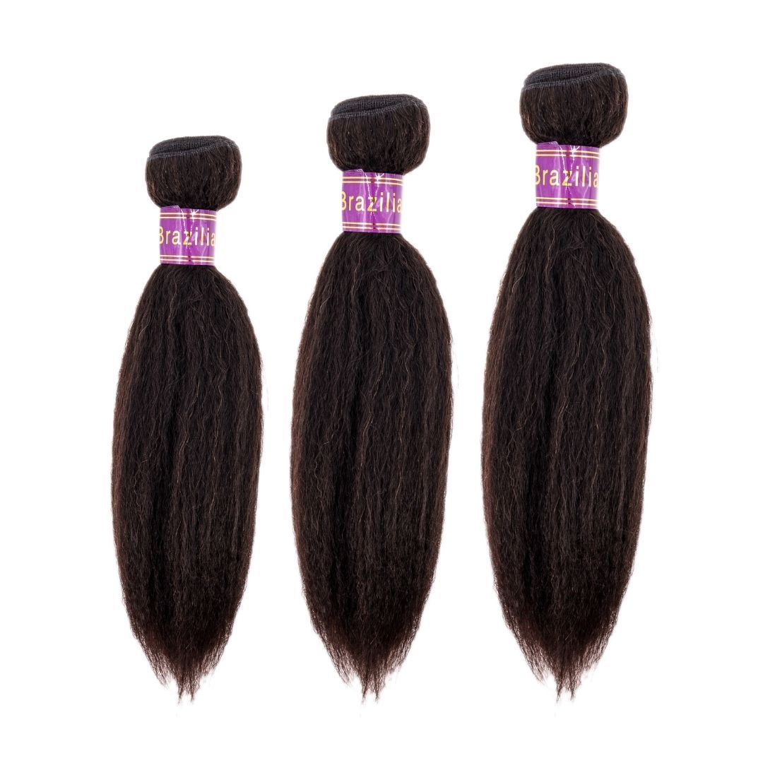 Three bundles of kinky straight hair bundles with dark Brazilian texture from NEW BEAUTY DEPOT