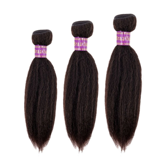 Three bundles of kinky straight hair bundles with dark Brazilian texture from NEW BEAUTY DEPOT