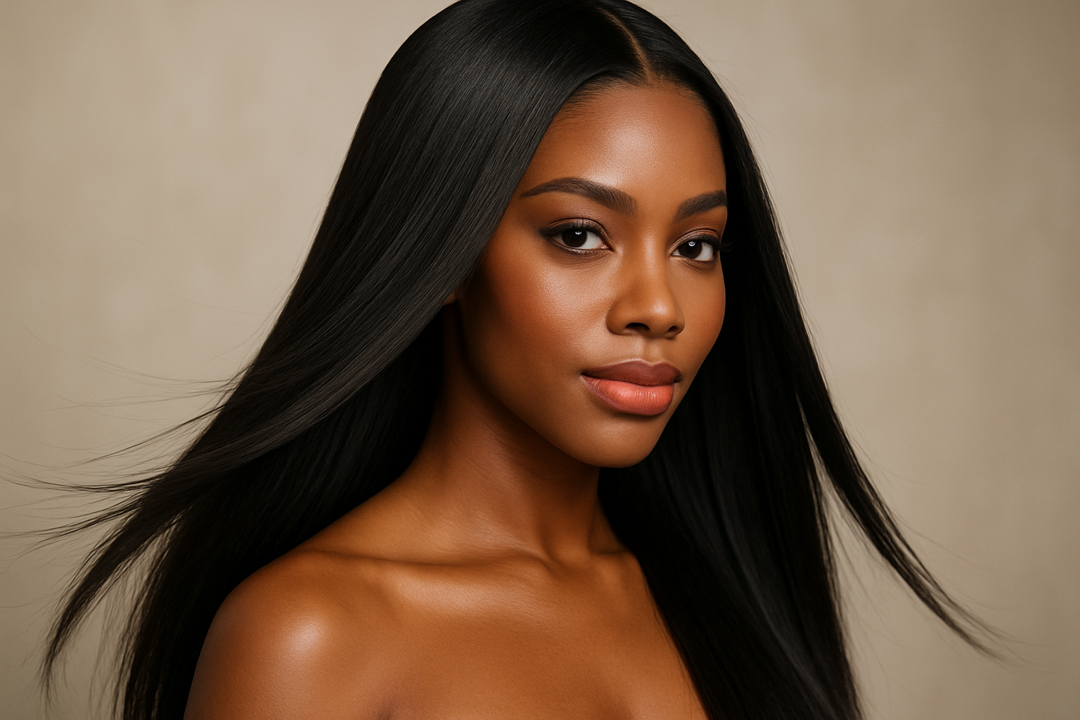 Beautiful woman with long smooth black Brazilian silky straight hair bundles styled sleek and shiny