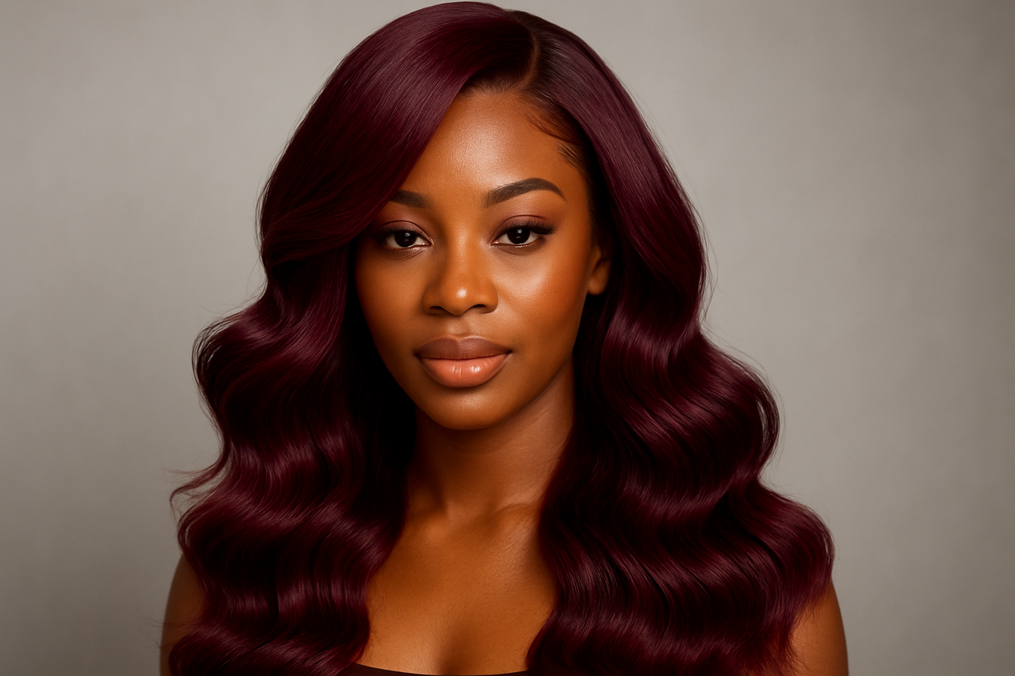 Woman with long shiny burgundy body wave hair bundles styled in loose waves