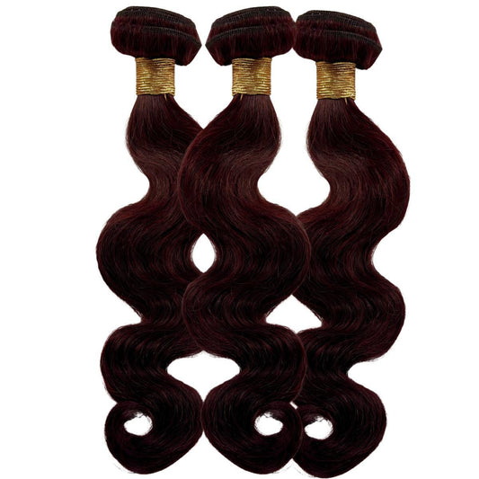 Three bundles of burgundy body wave hair bundles with deep waves and gold bindings