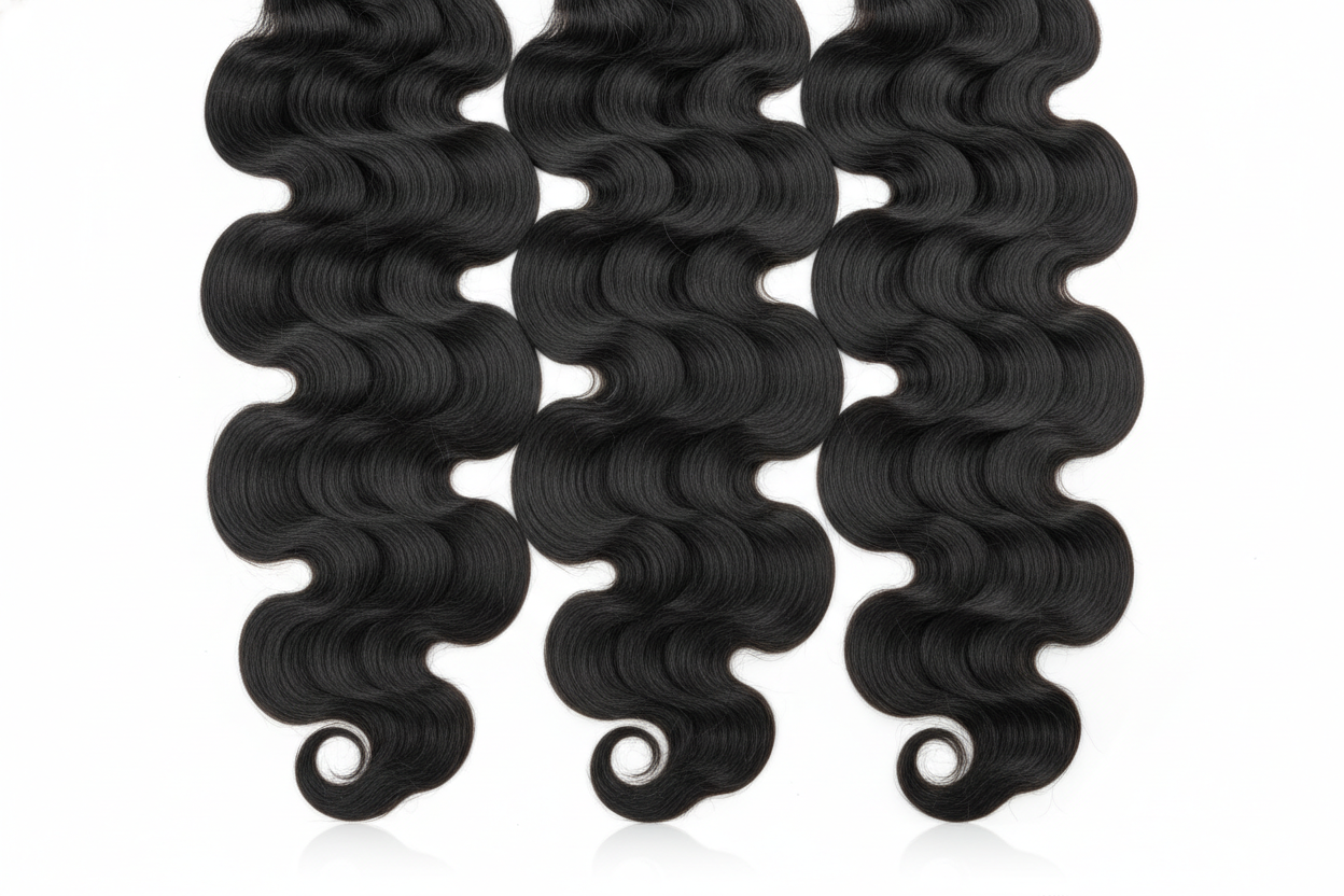 create 3 hd Jet Black Body Wave Hair Bundles on a white background