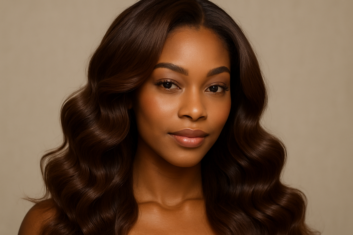 create a beautiful black woman 20-30 age wearing a Medium Brown Body Wave Bundle 