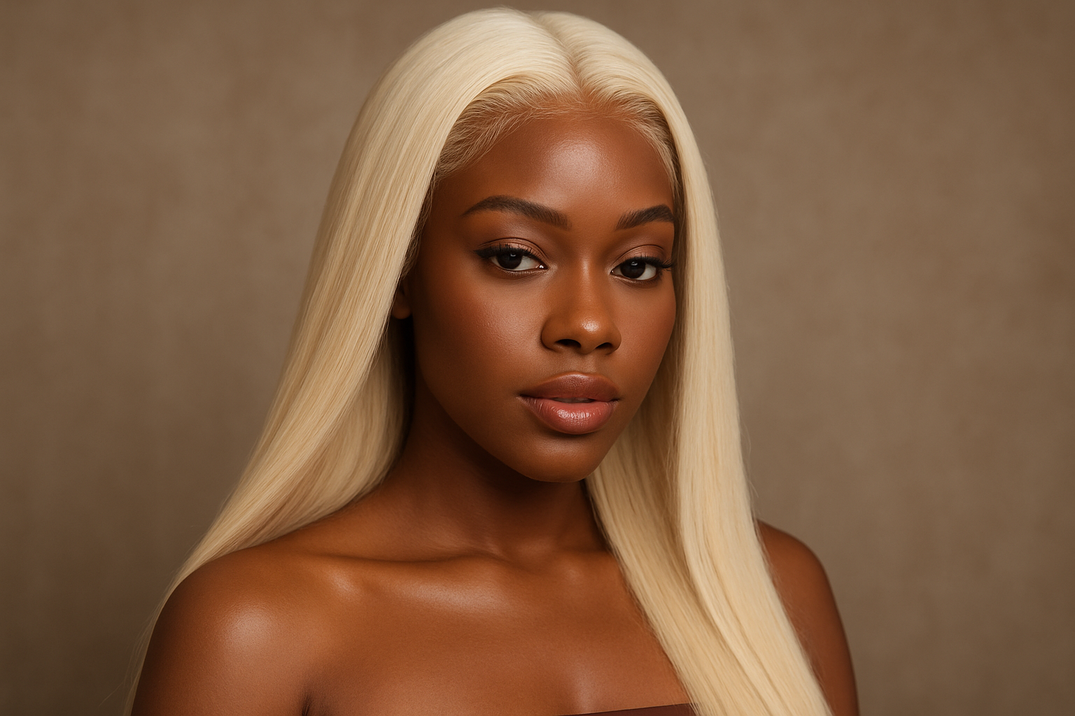 Create a beautiful black woman 20-30 age wearing aRussian Blonde Straight Lace Frontal 