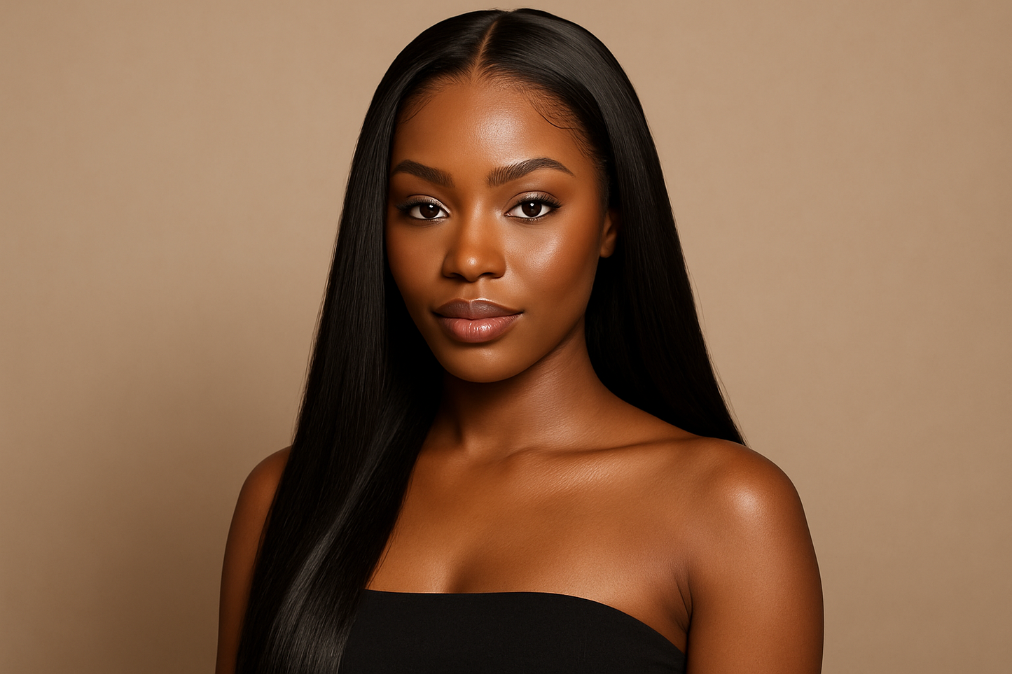 create a beautiful black woman 21-30 age wearing a Malaysian Silky Straight Lace Frontal