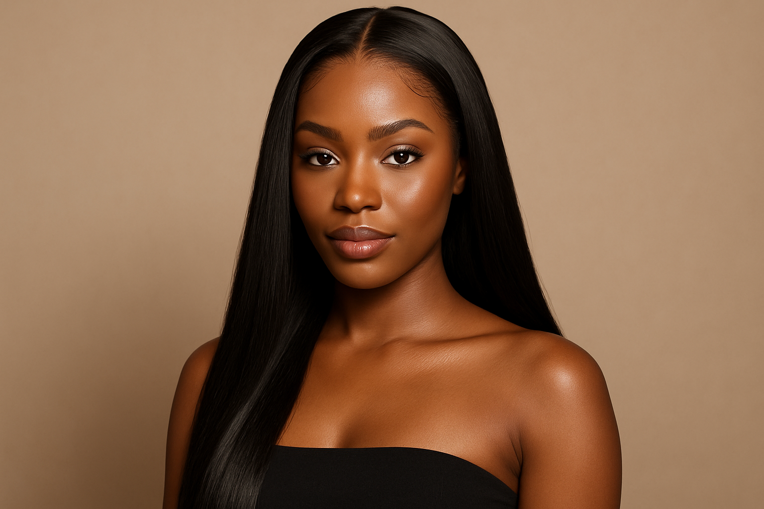 create a beautiful black woman 21-30 age wearing a Malaysian Silky Straight Lace Frontal