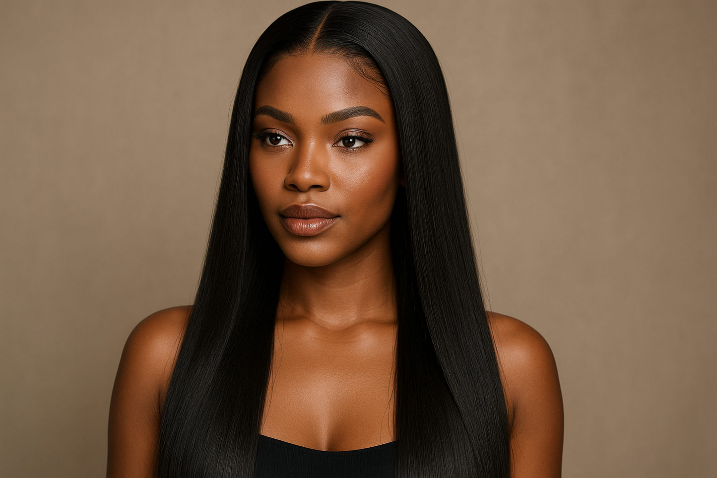 create a beautiful black woman age 20-30 wearing a Brazilian Silky Straight Frontal