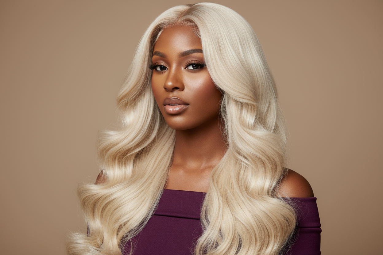 create a beautiful black woman wearing a 613 Russian Blonde Body Wave Bundles Hair
