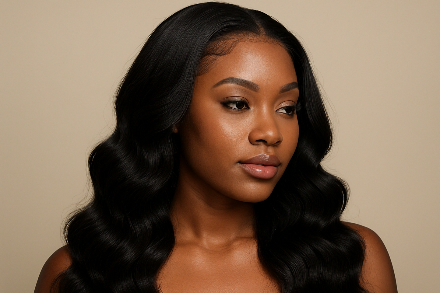 create a beautiful black woman wearing a Brazilian Body Wave 13x4 Transparent Lace Frontal