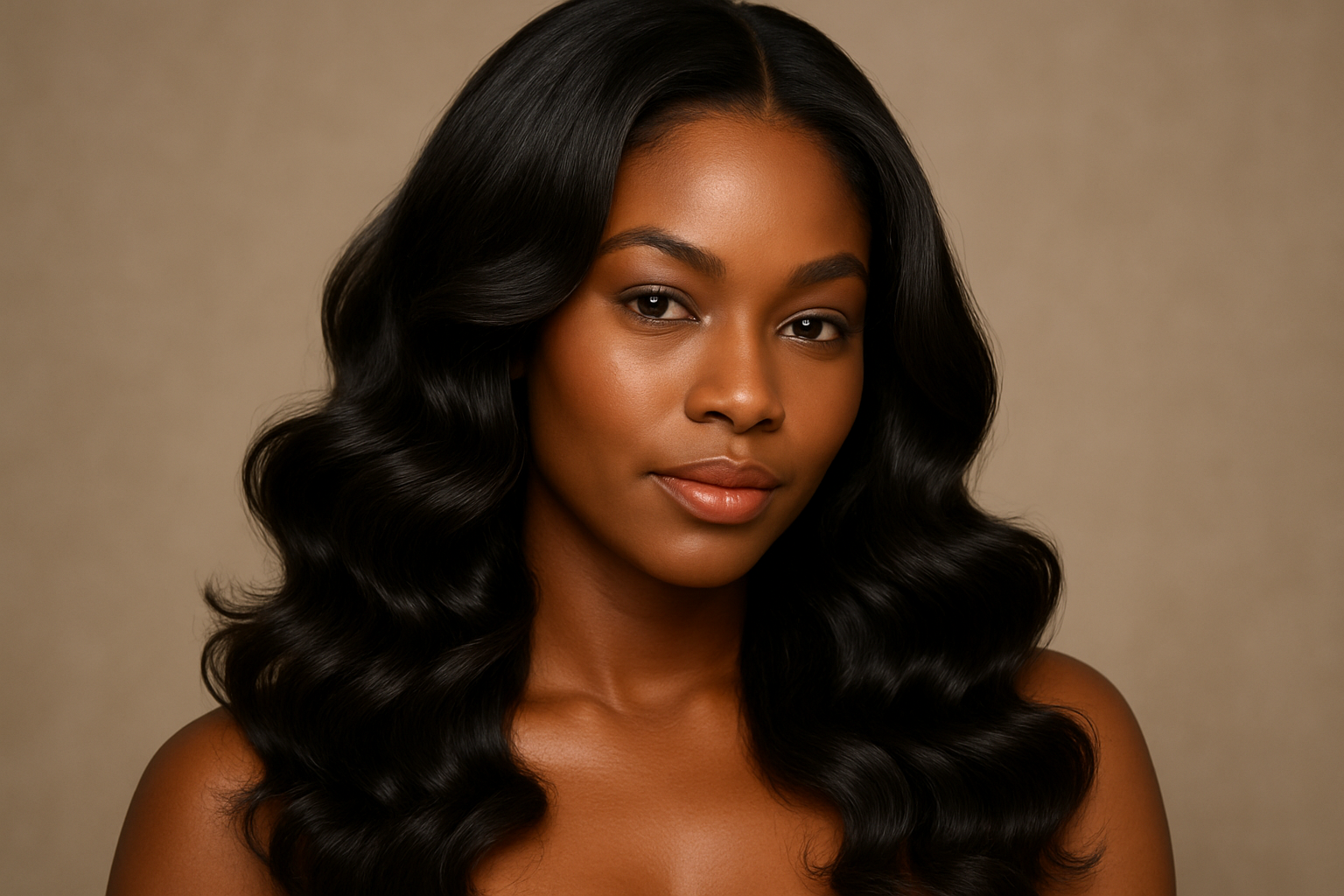 create a beautiful black woman wearing a Brazilian Body Wave Raw Hair