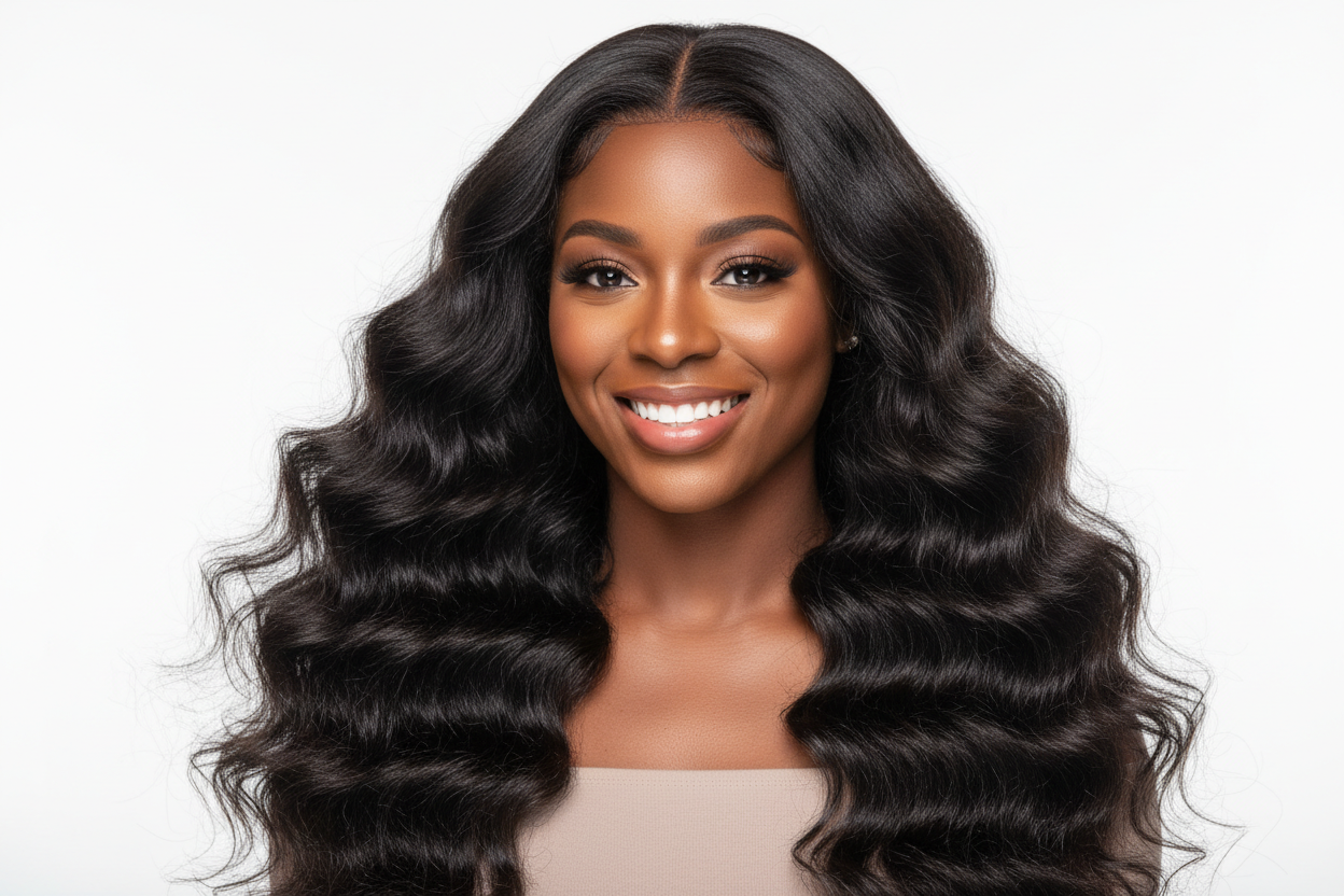 create a beautiful black woman wearing a Spanish Wave Hair Bundles with white back ground