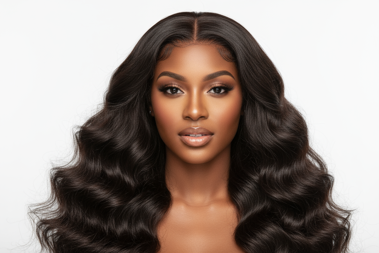 create a beautiful black woman wearing a Spanish Wave Hair Bundles with white back ground