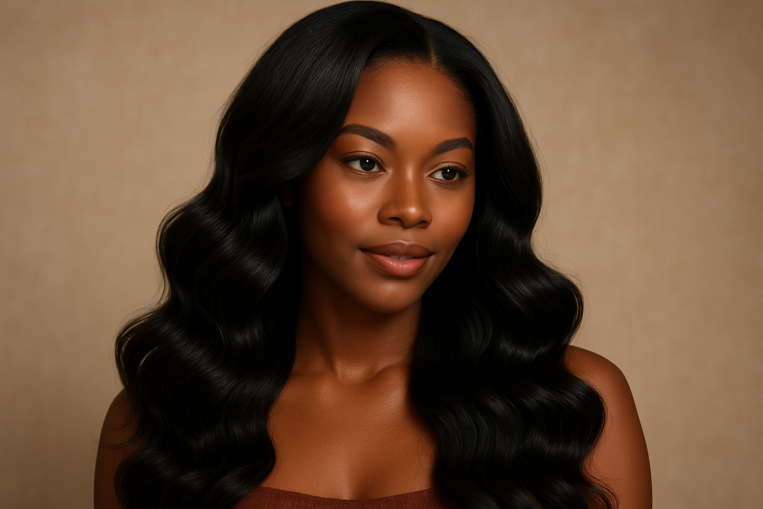 create a beautiful black woman wearing a Vietnamese Body Wave Bundle 