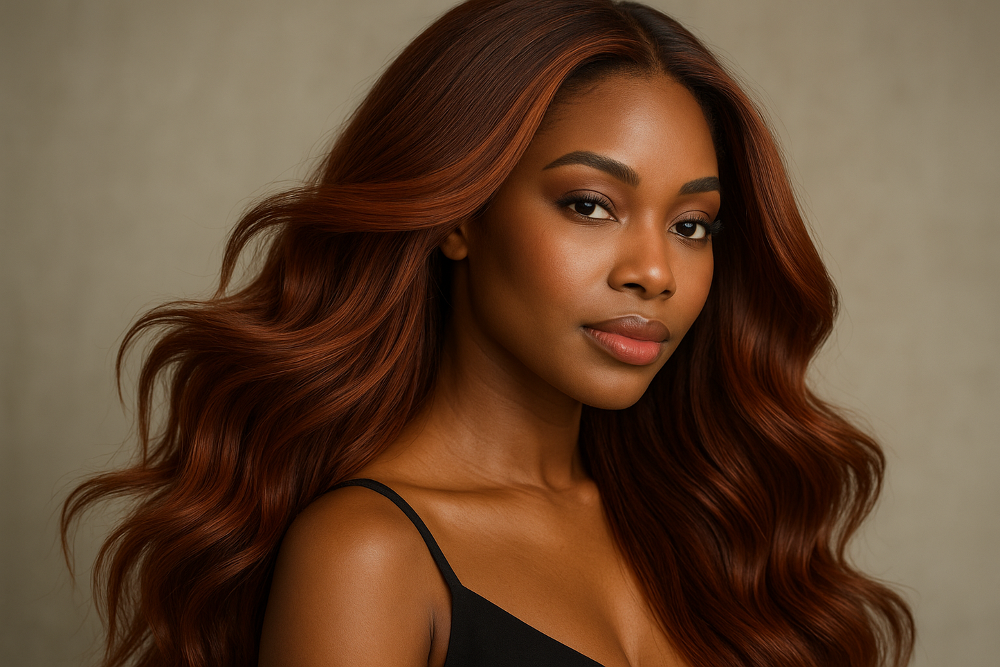 create a beautiful black woman wearing Auburn Seamless Clip-In