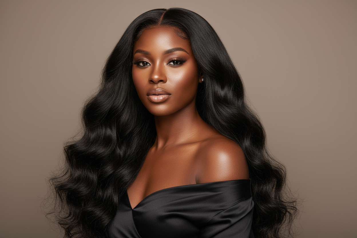 create a beautiful black woman wearing Jet Black Body Wave Hair Bundles
