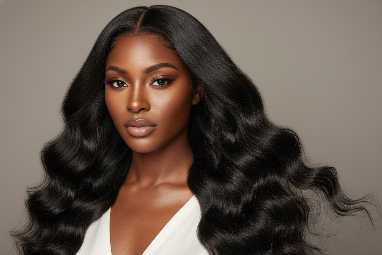 create a beautiful black woman wearing Jet Black Body Wave Hair Bundles