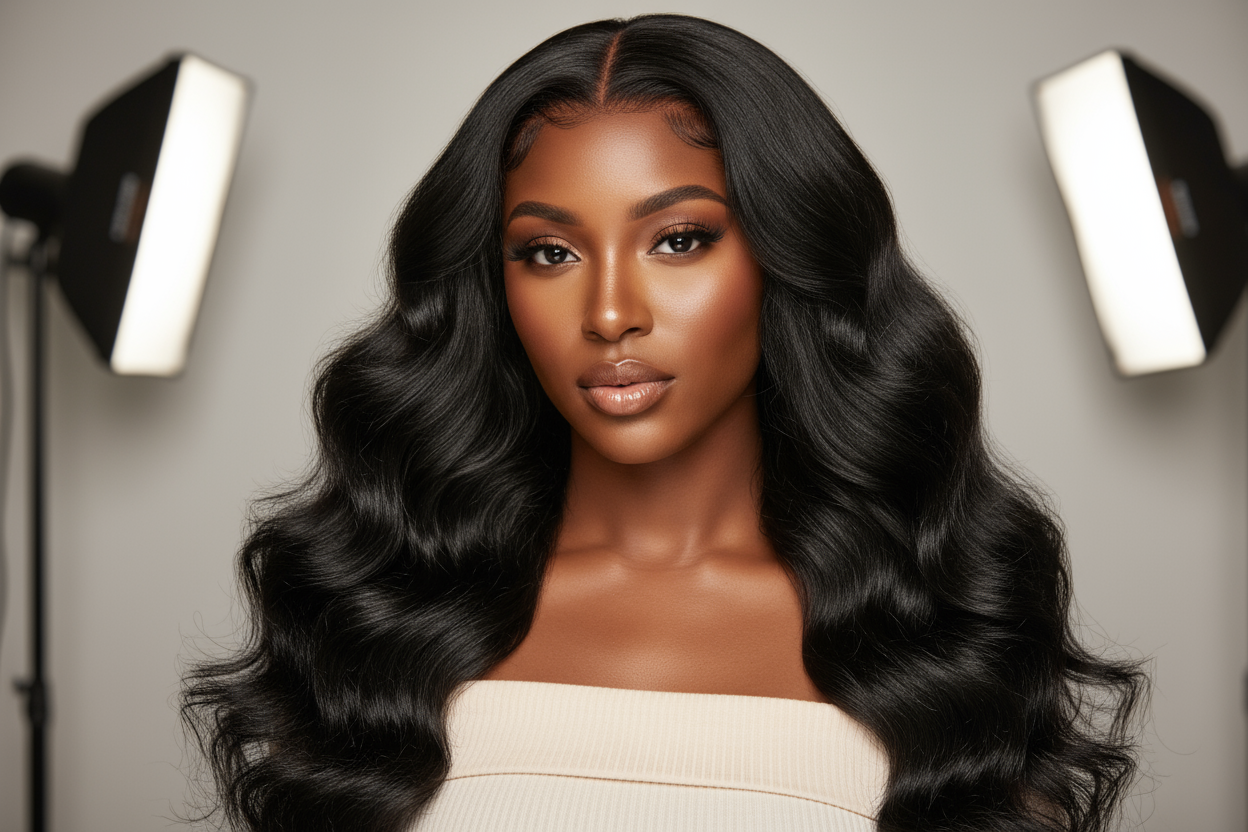 create a beautiful black woman wearing Jet Black Body Wave Hair Bundles