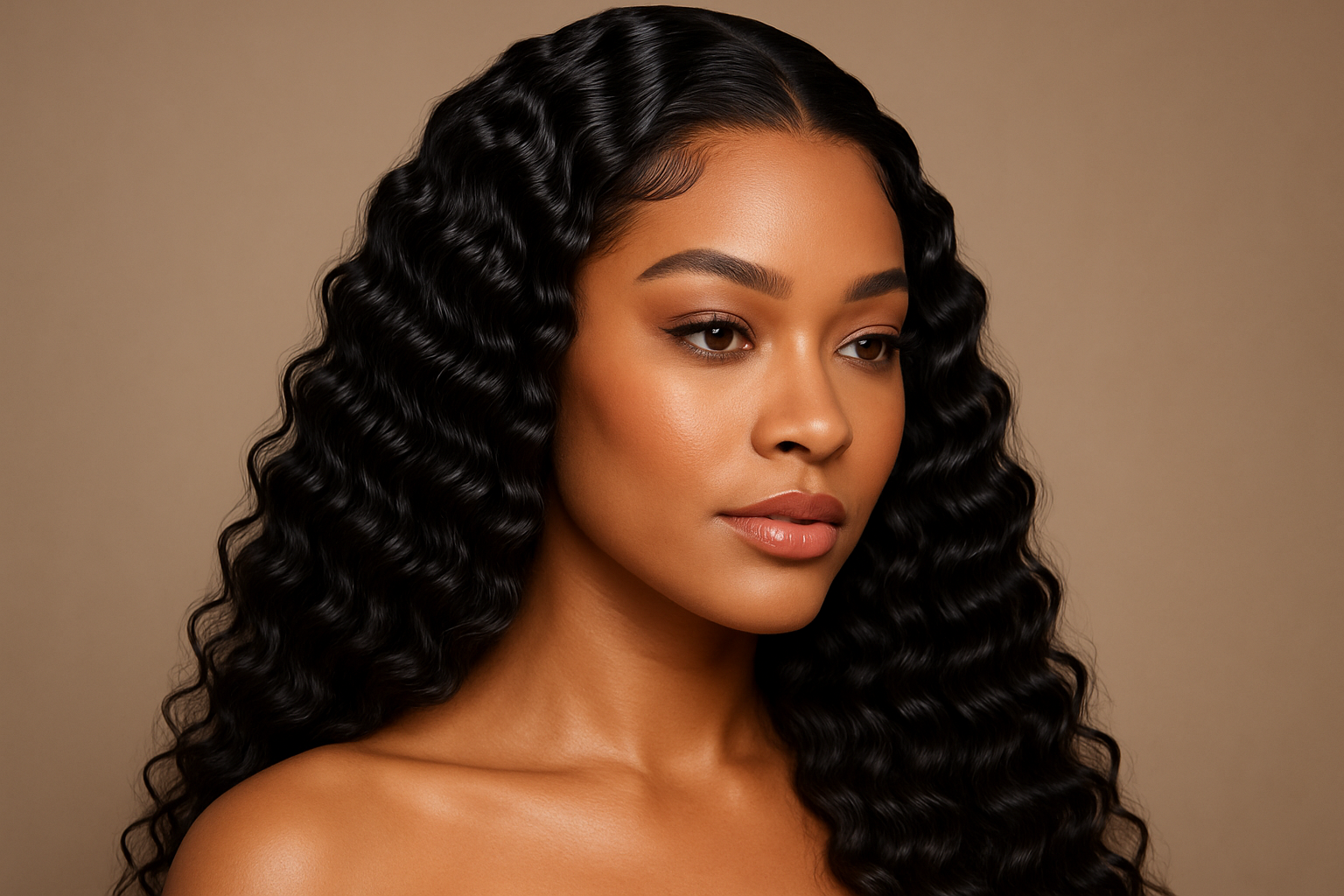 create a beautiful light skin black woman wearing a Brazilian Deep Wave 13x6 HD Frontal