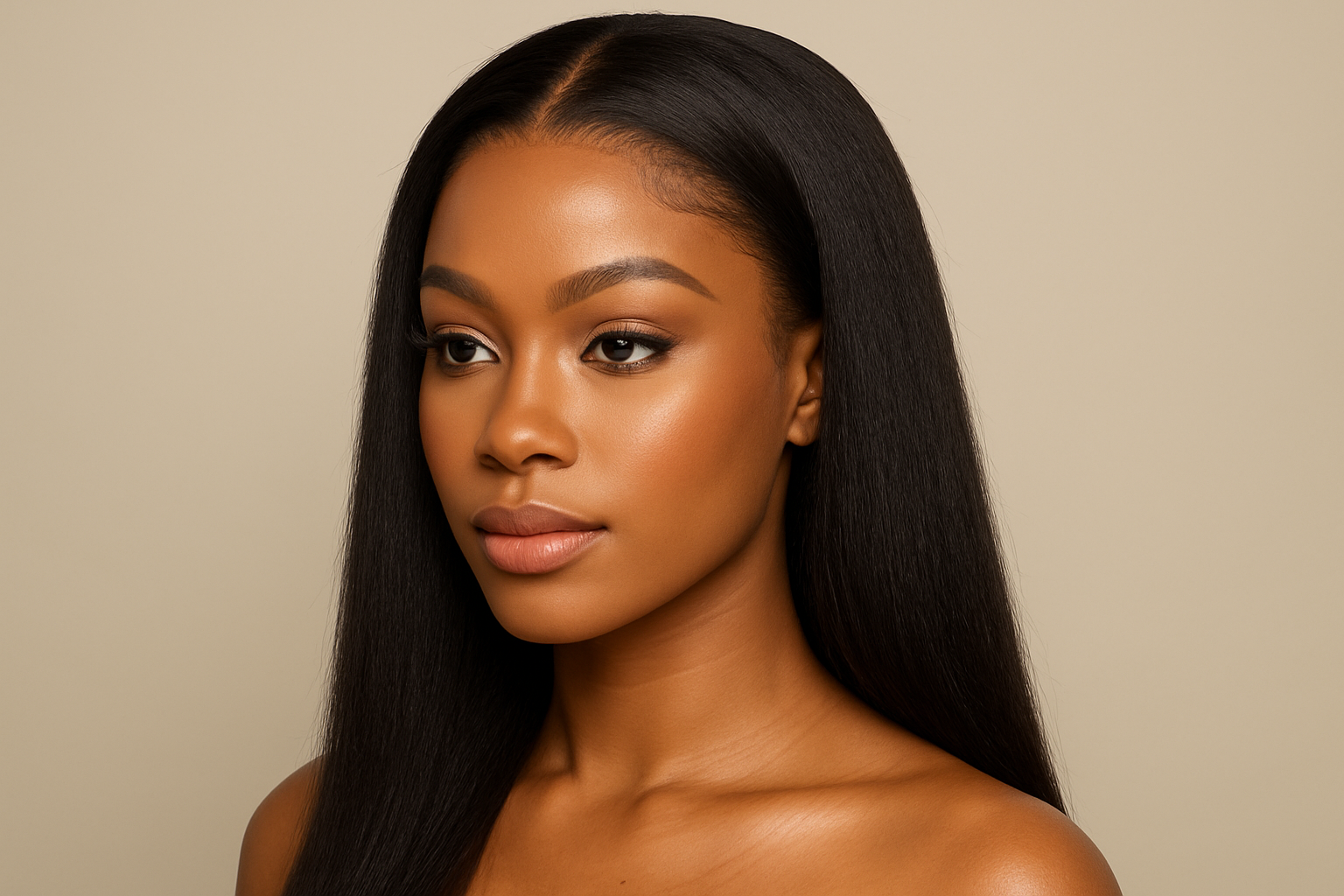 create a beautiful light skin black woman wearing a Brazilian Kinky Straight Lace Frontal