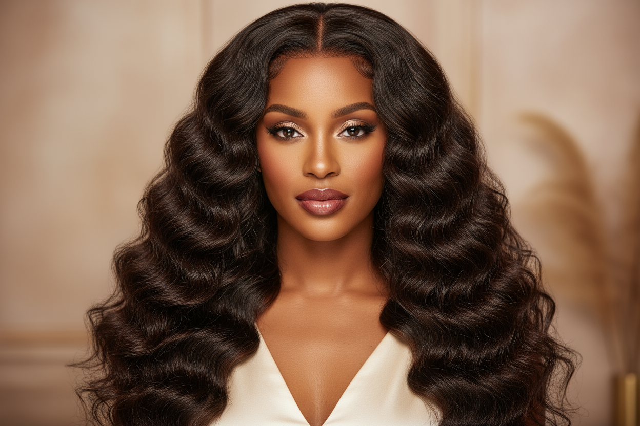 create a beautiful light skin black woman wearing Brazilian Deep Wave Hair Bundles 