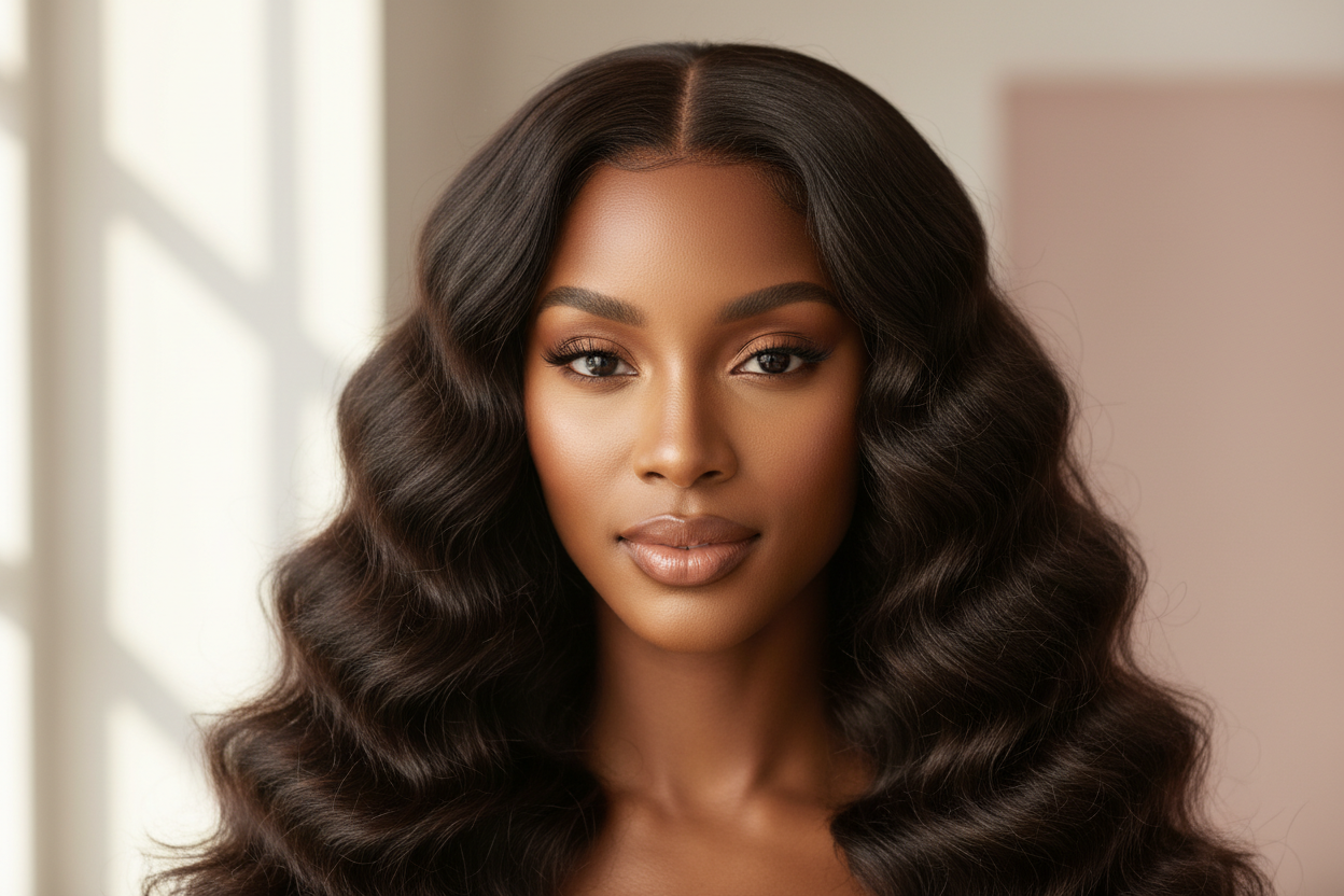 create a beautiful light skin black woman wearing Brazilian Deep Wave Hair Bundles 