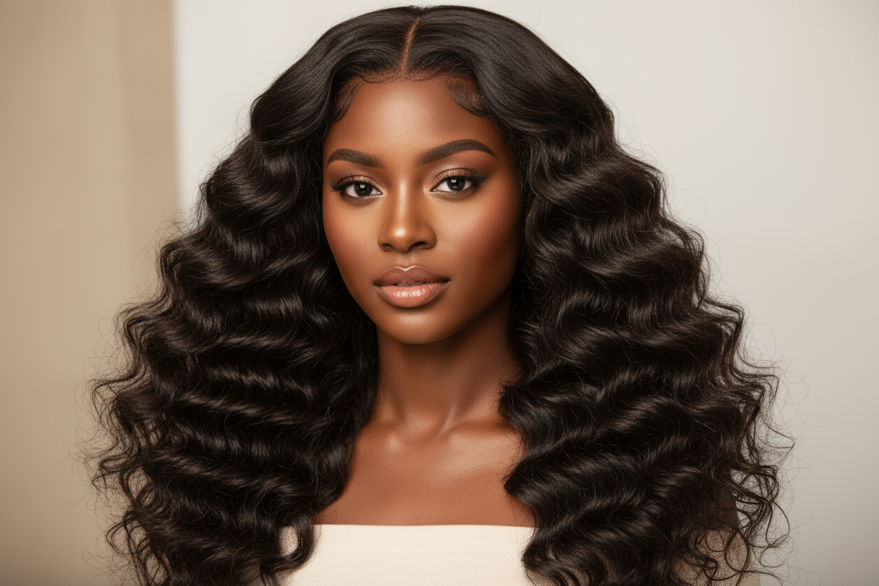 create a beautiful light skin black woman wearing Brazilian Deep Wave Hair Bundles 