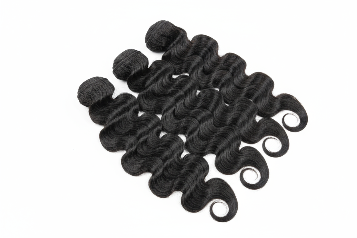 create a hd photo of 3 Brazilian Deep Wave Hair Bundles on a white background