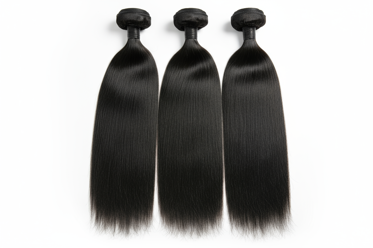 create a hd photo of 3 Malaysian Silky Straight Hair Bundles on white background