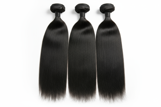 create a hd photo of 3 Malaysian Silky Straight Hair Bundles on white background