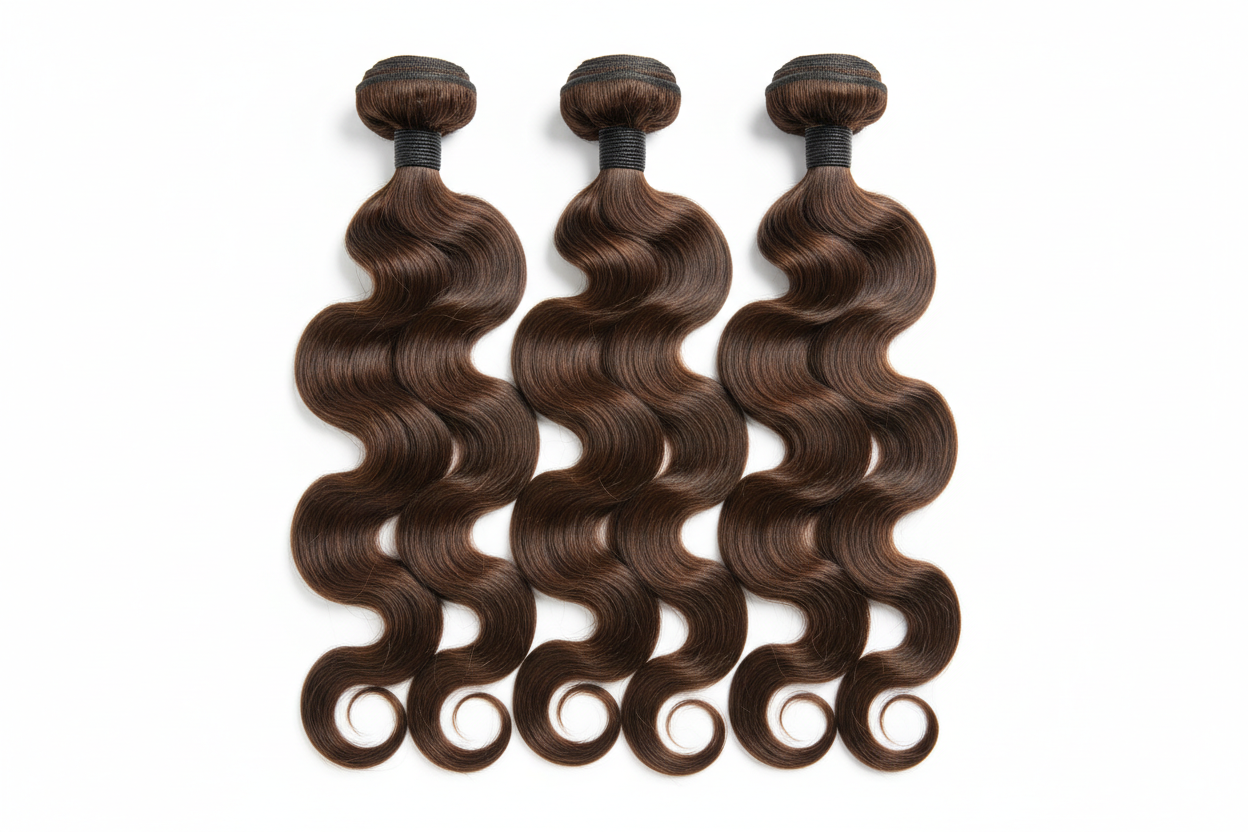create a hd photo of 3 Medium Brown Body Wave Bundles on a white background