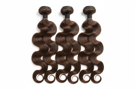 create a hd photo of 3 Medium Brown Body Wave Bundles on a white background