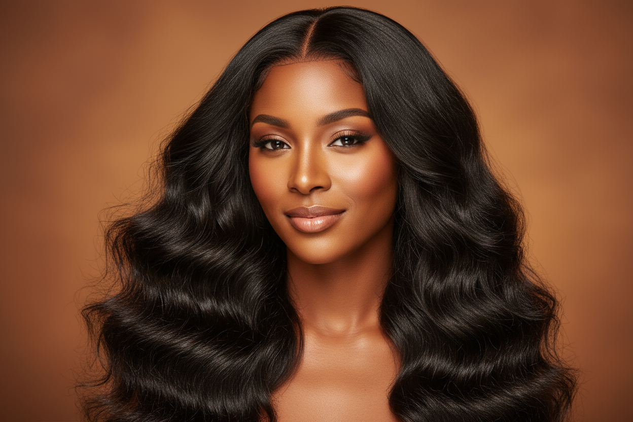 create a hd photo of a African American woman wearing a Indian Wavy Hair Extensions
