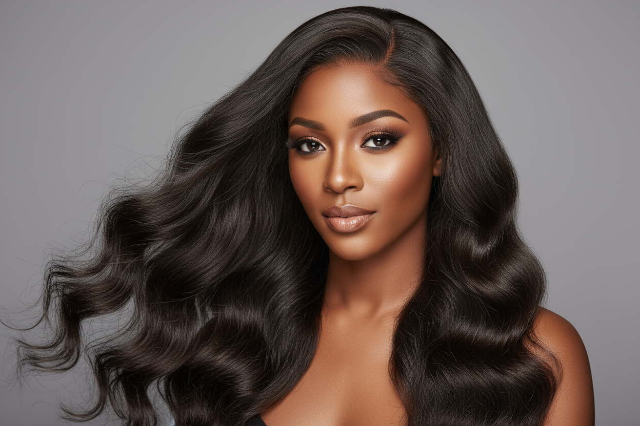 create a hd photo of a African American woman wearing a Indian Wavy Hair Extensions