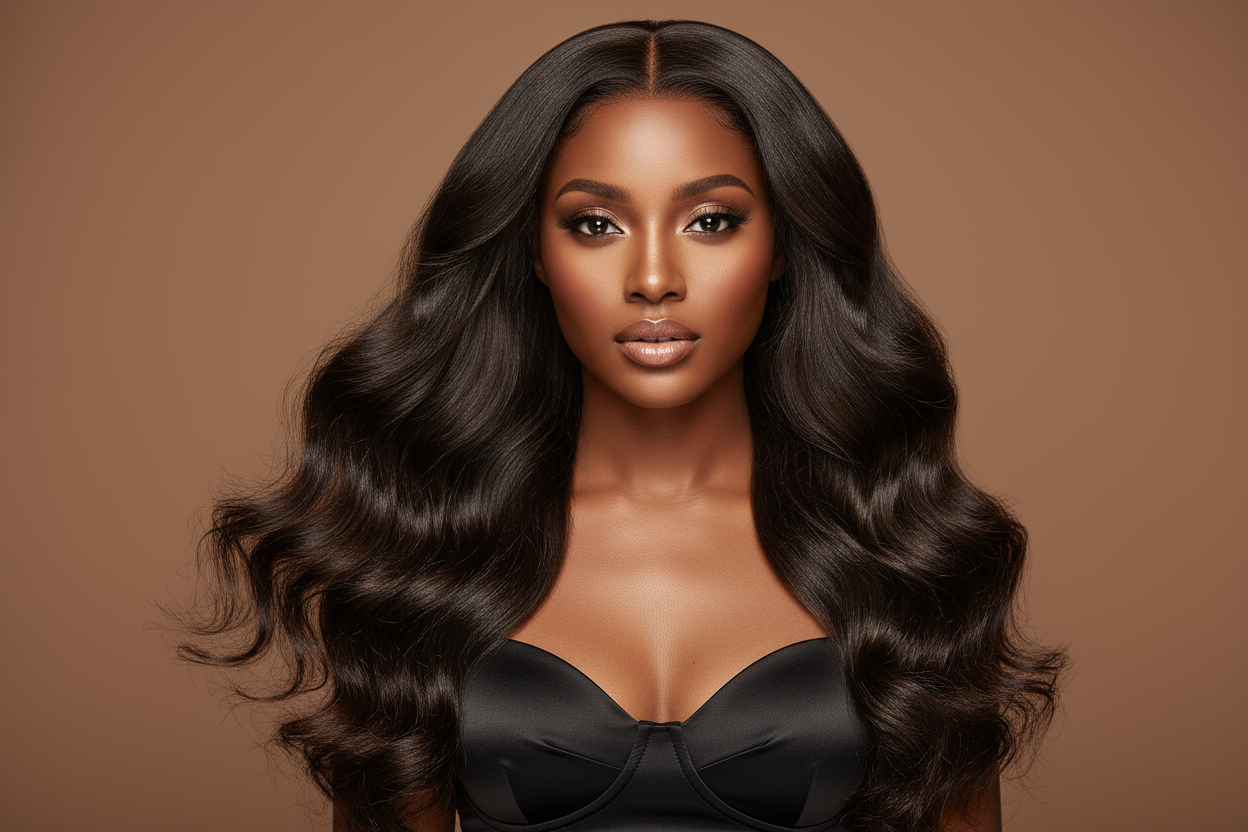 create a hd photo of a African American woman wearing a Indian Wavy Hair Extensions