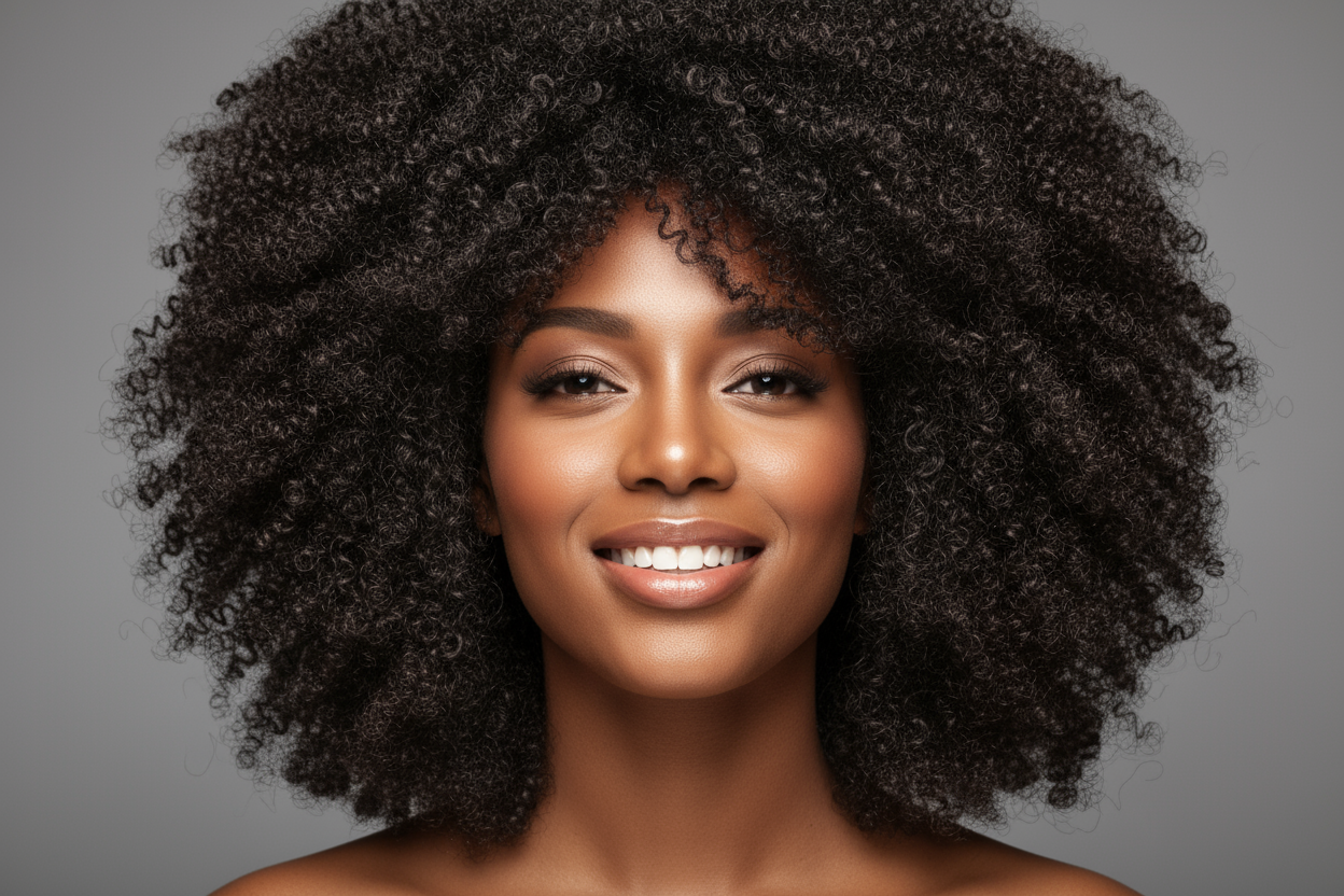 create a hd photo of African American woman 25 wearing a Brazilian Afro Kinky